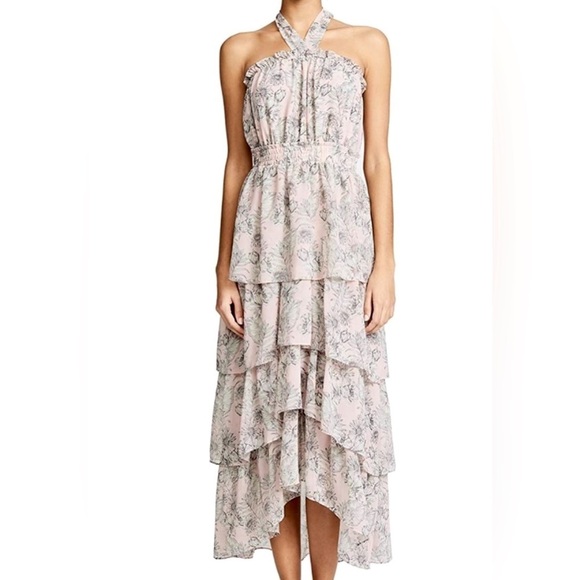 MISA Valeria halter tiered pink gray ruffle midi dress floral - Picture 1 of 5
